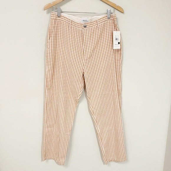 RVCA New Gingham Set Shirt & Pants Mustard/Tan color NWT Size 30 Pants Top Large - Picture 7 of 10